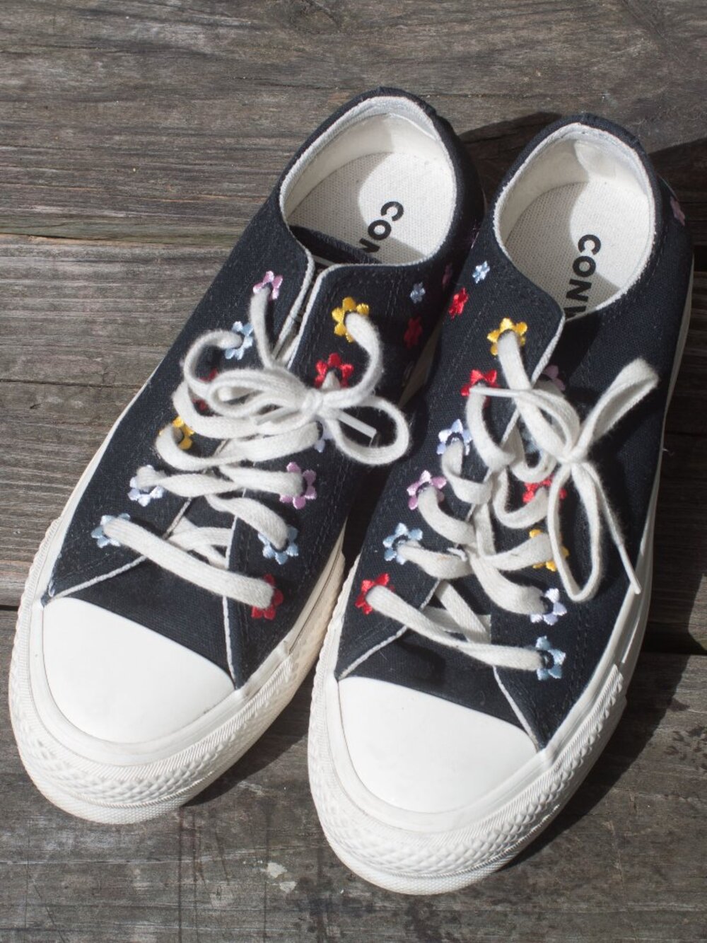 Converse All Star Black Lift Platform Low Top Sneakers with Embroidered Flowers